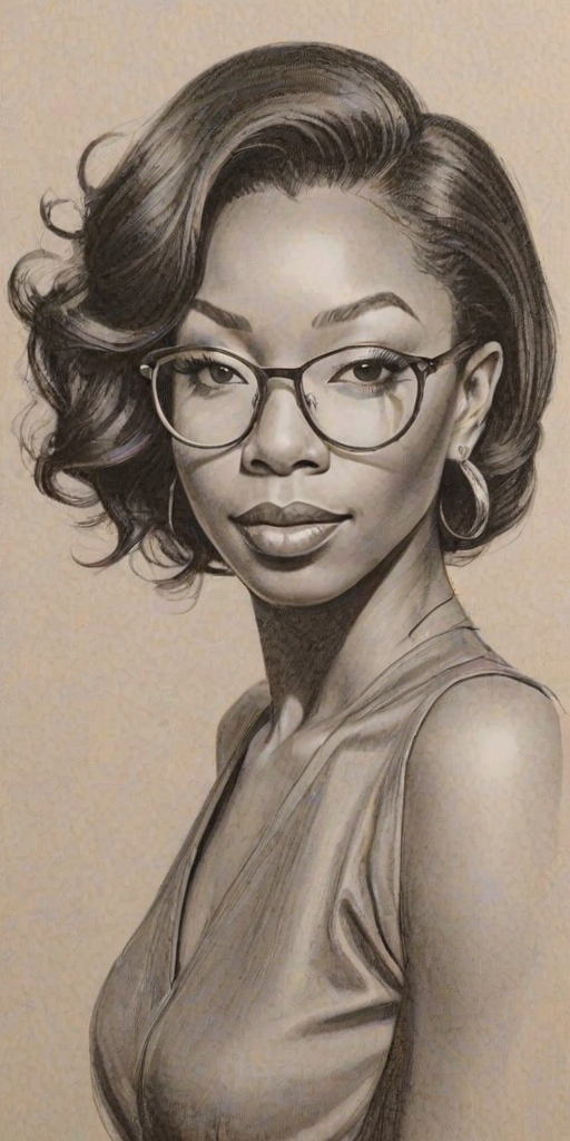 Ravishing Brandy Norwood, pencil sketch, portrait of Splendid woman 1972s in glasses, hair style beatnik, outline, clear lines, fine lines, 8k