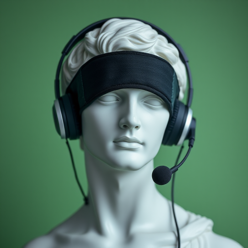 Create an ultra-realistic image of a classical bust statue wearing a black sleep mask and a modern headset with microphone against a soft green background, camera settings: f/1.8 aperture, 1/125 shutter speed, ISO 100, camera view: close-up, camera style: soft focus, camera type: DSLR.