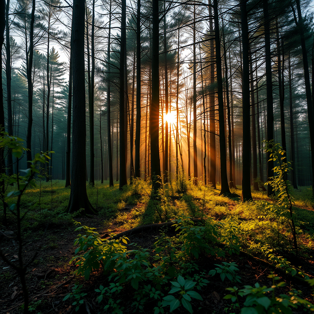 Create a high-resolution image of a serene forest scene during sunrise, with soft, diffused lighting, using a Canon EOS R5, focal length 24mm, aperture f/8, ISO 100, and shot from a low angle to emphasize depth.