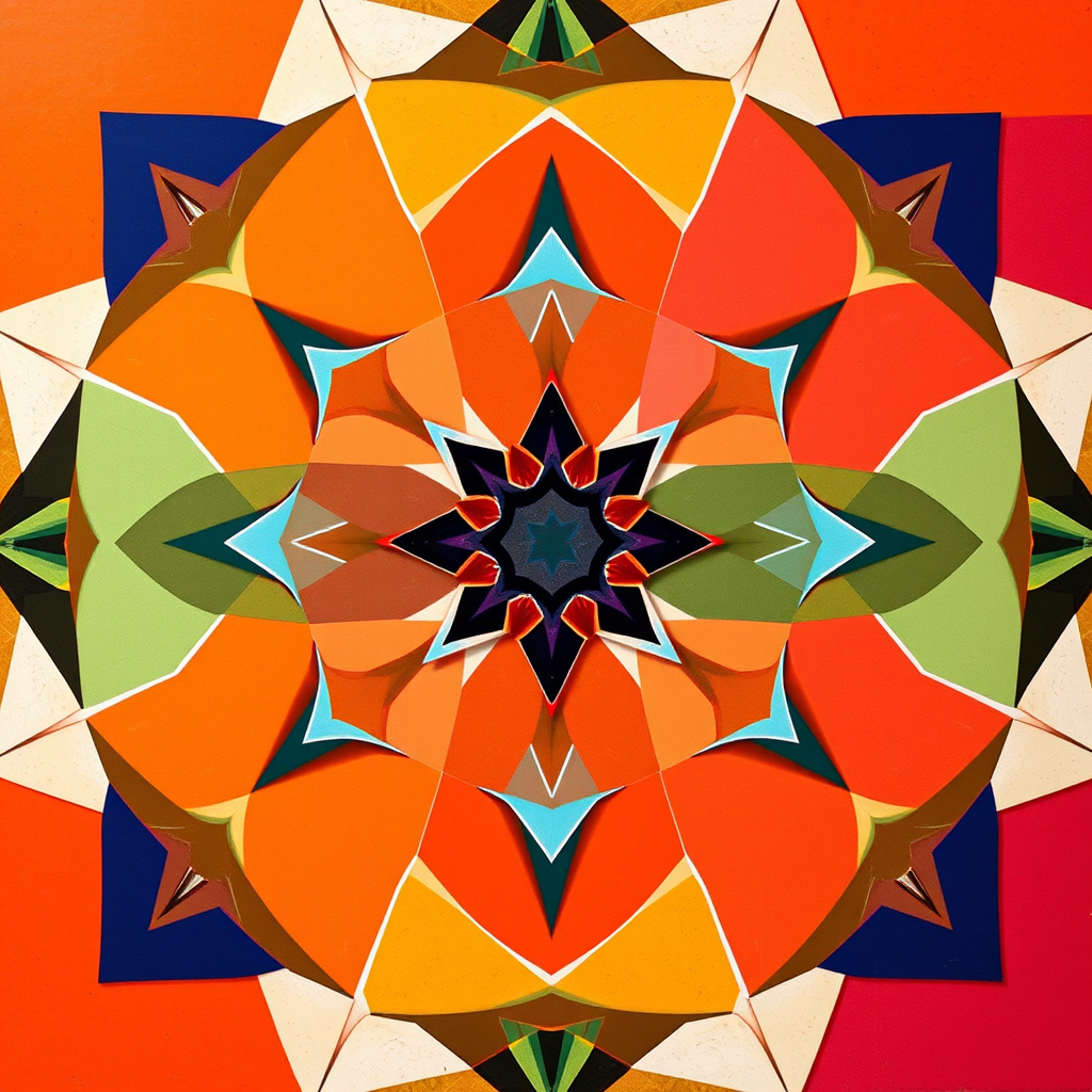 Create an abstract design featuring geometric shapes and patterns in a vibrant color scheme, captured with a DSLR camera, 50mm lens, f/1.8 aperture, ISO 100, and 1/200s shutter speed, from a top-down view for maximum detail and clarity.
