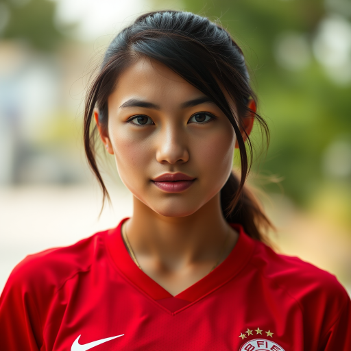 Create a portrait of a young woman wearing a red sports jersey with a necklace, focused on her facial features and expression, using a Canon EOS R5, 50mm lens, f/1.8 aperture, ISO 100, natural lighting, shallow depth of field.