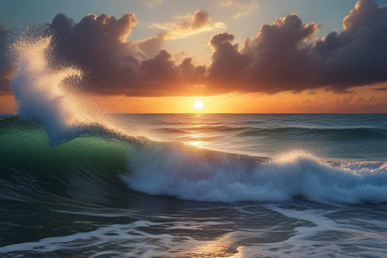 Majestic Sunset Over the Ocean with Waves Crashing Elegantly on Shore