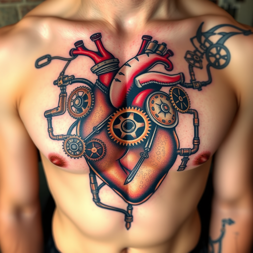 Steampunk-inspired tattoo of a mechanical heart on the chest, with gears, valves, and pipes in various metallic hues and rust effects