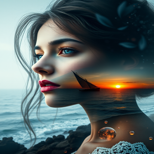 this photo is Book cover, A surreal double exposure portrait that blends a woman's face with a beautiful seascape. The overall mood is dreamy and mystical, with rich colors and intricate details