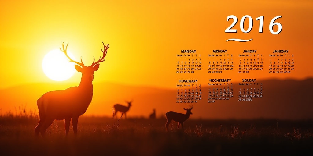Create a serene landscape with a silhouette of a stag against a warm sunset background, incorporating a calendar for the year 2016 with months and days clearly displayed, use a DSLR camera with an aperture of f/8, a shutter speed of 1/100 sec, ISO 200, wide angle lens, and a soft focus effect to enhance the warm tones and details in the foreground.