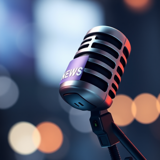 create a high-resolution illustration of a news microphone with a glossy finish, using a 50mm lens, f/2.8 aperture, soft lighting, and a slightly blurred background to enhance focus on the microphone