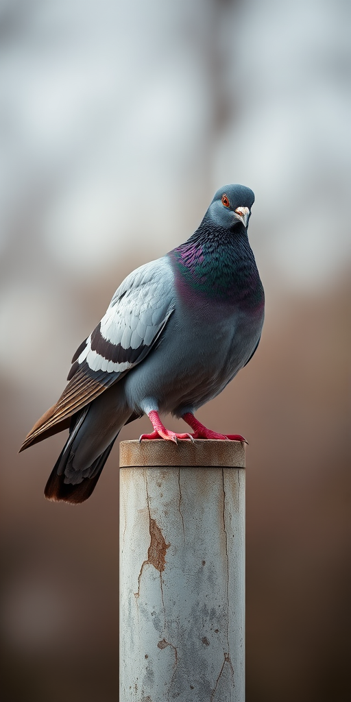 Capture a high-resolution image of a pigeon perched on a weathered post, using a DSLR camera with a 50mm lens, aperture f/1.8, shutter speed 1/500s, ISO 100, taken from eye level with a shallow depth of field to create a blurred background.