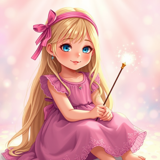 Create an enchanting illustration of a young girl with long blonde hair, wearing a vibrant pink dress and a matching headband, sitting down and holding a sparkling magic wand, with a whimsical background featuring soft pastel colors, high-resolution digital art, shot with a DSLR camera at f/2.8 aperture, 50mm lens, in portrait orientation for depth and clarity.