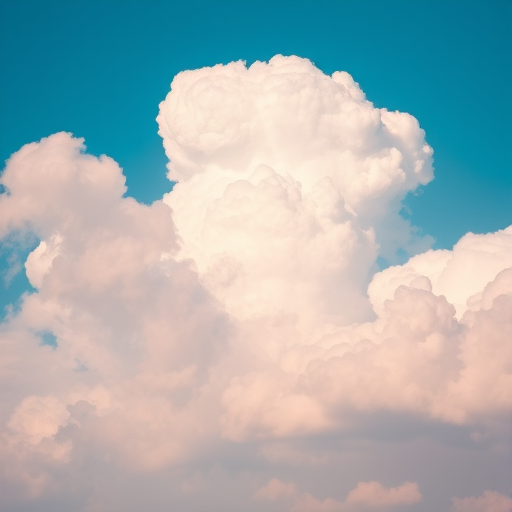 high-resolution image of fluffy pink clouds against a blue sky, shot with a Canon EOS R5, 35mm lens, f/8 aperture, ISO 100, natural daylight, wide-angle view, soft-focus background for enhanced depth