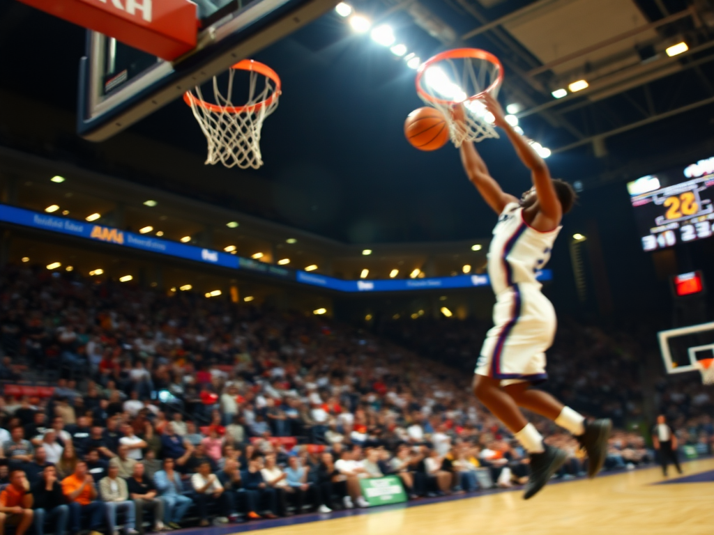 Blurry action shot of a basketball player going for a dunk, the ball suspended mid-air, harsh stadium lights casting long shadows, the crowd in the background cheering, and focus on the energy of the moment.