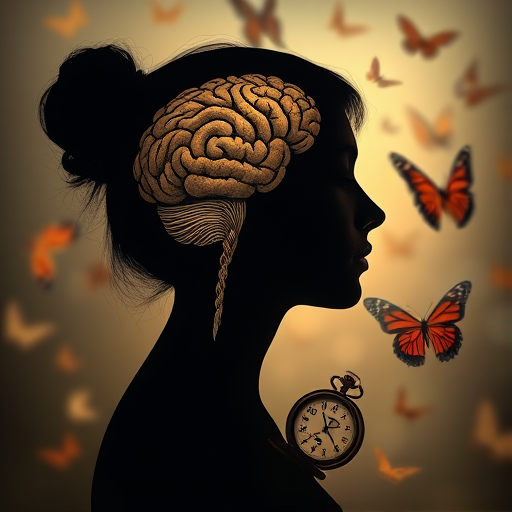Create a surreal artwork featuring a silhouette of a woman with an intricate brain design inside her head, juxtaposed with a vintage pocket watch and softly layered butterflies in the background, captured with a DSLR camera at f/1.8 aperture, ISO 100, 50mm lens, using soft focus and warm color tones for a dreamy effect.
