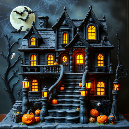 airbrushed oil painting, halloween theme, a haunted house, stairs, highly decorated, illuminated, lanterns, jack o'lantern, bats, webcobs