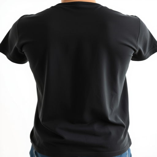Create a high-resolution image of a plain black t-shirt viewed from the back, using a DSLR camera with a 50mm lens, aperture set to f/2.8, ISO 100, and a soft diffused light to enhance details and texture.
