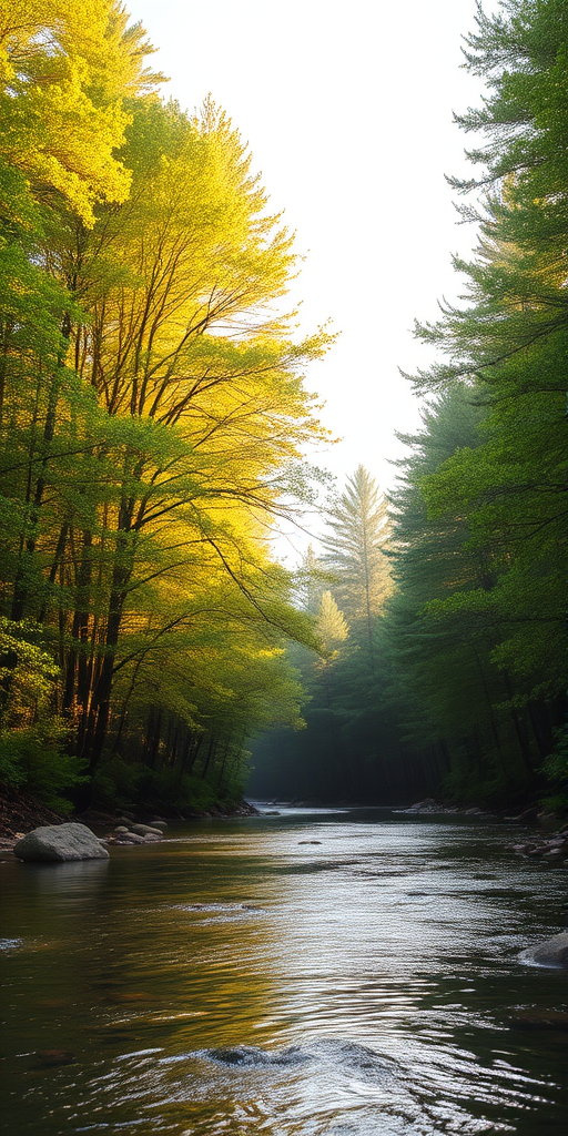 Create an image of a serene, sunlit forest scene with a clear, gently flowing river. Tall trees with lush green foliage line both sides of the river, their leaves bathed in the warm golden light of the setting or rising sun. The sunlight filters through the trees, casting soft, dappled light on the river, which flows over smooth rocks and pebbles, creating a peaceful, natural atmosphere. The sky is bright with a few scattered clouds, and the overall mood is tranquil, evoking a deep sense of connection with nature. The image captures the beauty of a calm, pristine forest landscape at either dawn or dusk.