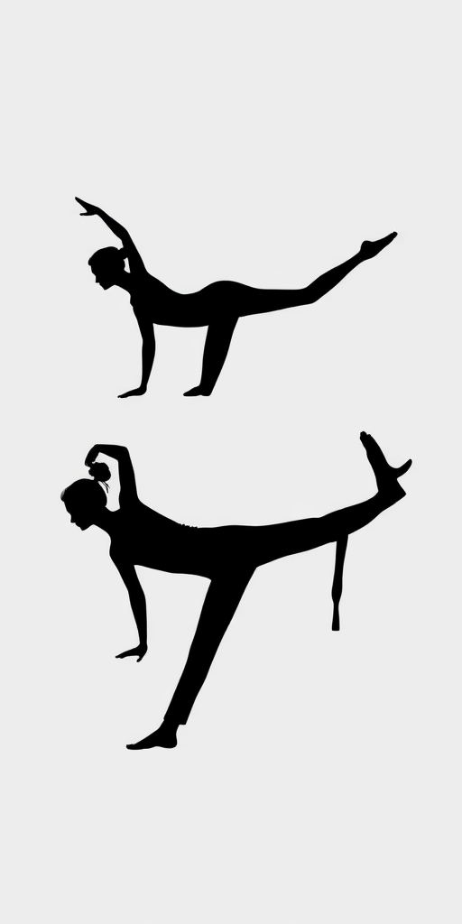 Create a minimalist artwork featuring three silhouettes in different yoga poses, with a soft gray background, using a digital drawing style, capturing with a high-resolution digital camera at f/8 aperture, 50mm lens, and a top-down view to enhance clarity and detail.