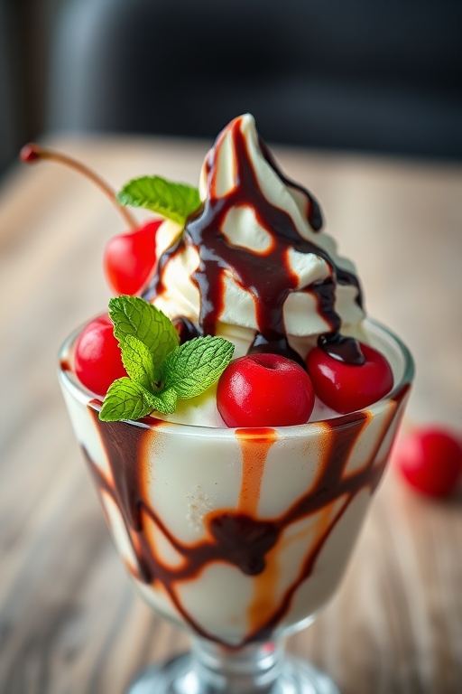 Ice cream sundae with chocolate sauce, cherries, and mint leaf, captured with a Canon EOS R5, 50mm lens, f/1.8, ISO 100, natural light, shallow depth of field, vibrant colors.
