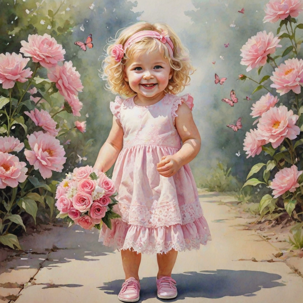 hyperrealism happy smiling toddler girl with messy wavy blonde hair with a headband, she is wearing a pink and white lace dress with pink and white shoes, she is holding a pink bouquet of flowers. Pink flowers and butterflies. summer background. Watercolor Highly detailed