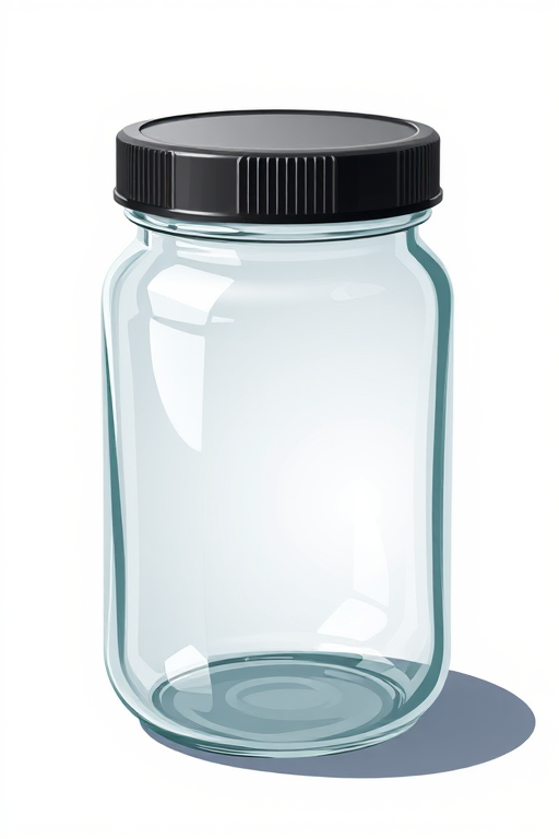 Create a detailed illustration of a glass jar with a transparent body and black lid using a DSLR camera, 50mm lens, f/2.8 aperture, ISO 100, shot from a slightly elevated angle to highlight reflections and shadows for enhanced depth and clarity.