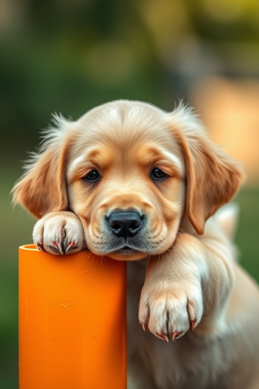 golden retriever puppy resting its head on an orange pole, shallow depth of field, f/2.8, 50mm lens, ISO 200, natural light, DSLR camera, close-up shot