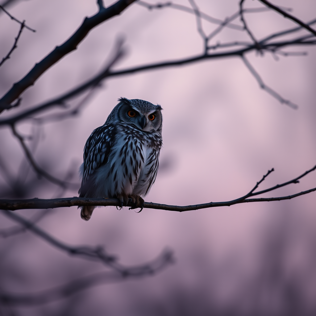 Generate an image of a stylized owl perched on a tree branch during twilight with soft bokeh in the background using a DSLR camera set to f/2.8 aperture, ISO 100, and a shutter speed of 1/125 sec, shot from a low angle to enhance depth, in portrait orientation.