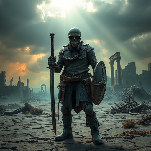 A post-apocalyptic wasteland with a lone figure, The Last Warden, standing in the foreground. He wears a skull-like gas mask, with cracked lenses, and a rugged mix of leather and scavenged armor. His attire is weathered and patched, showing signs of long battles and harsh environments. In one hand, he holds a sword made from broken steel, and in the other, a shield made from scrap metal. The background features a desolate landscape with crumbling ruins of a once-thriving city, shrouded in toxic green and orange haze. The ground is cracked, with dead vegetation and twisted remnants of civilization. The sky is ominous, with dark clouds and faint rays of sunlight breaking through, symbolizing a glimmer of hope in the midst of despair. Increase the brightness of the background, making the sunlight more prominent and casting more light on the ruins and the figure to enhance the sense of hope in the scene.