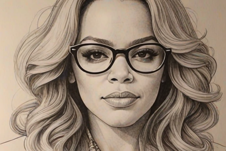 Superb Faith Evans, pencil sketch, portrait of Bewitching woman 1973s in glasses, hair style beatnik, outline, clear lines, fine lines, 8k