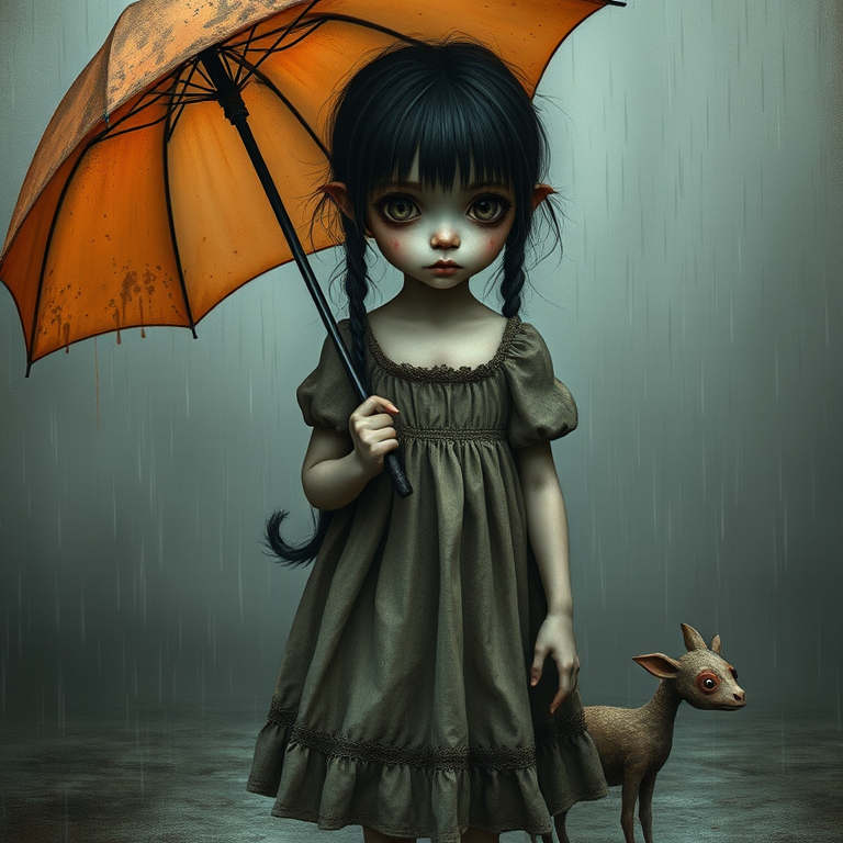 An eerie, weird little girl with dark hair in thin pigtails, wearing a smock dress, standing in the rain, holding a dirty orange umbrella, a small, odd creature beside her. In a surreal style inspired by Nicoletta Ceccoli and Brian Froud. Dark fantasy themes