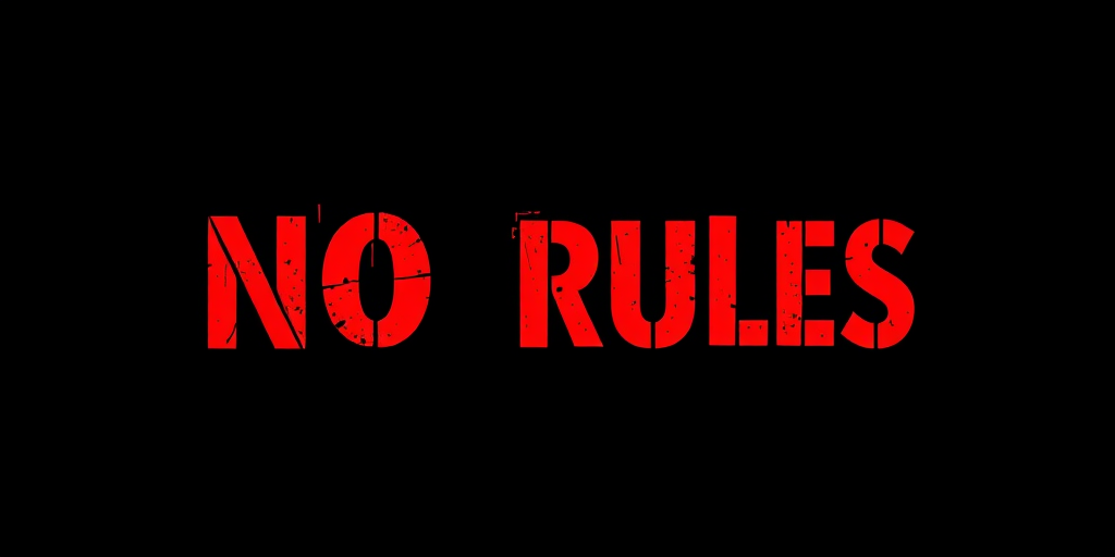 Regenerate an image featuring the text "NO RULES" in bold, distressed red lettering on a black background, using a DSLR camera with an aperture of f/2.8, a shutter speed of 1/125s, and ISO 100, shot from a frontal view with a shallow depth of field to enhance details.