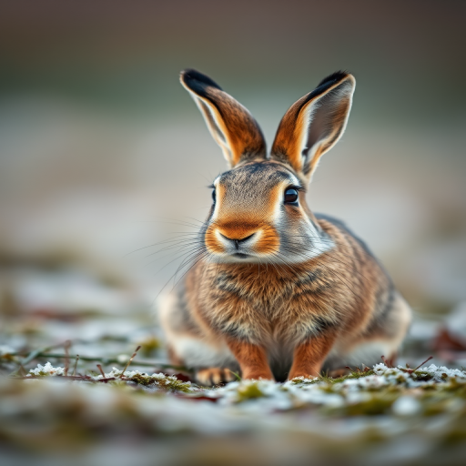 Capture a close-up of a hare sitting on frosty ground, emphasizing its detailed fur and sharp features, with a Canon EOS R5, 85mm f/1.2 lens, aperture set to f/2.8, ISO 100, shutter speed 1/200s, natural light, and soft bokeh background.
