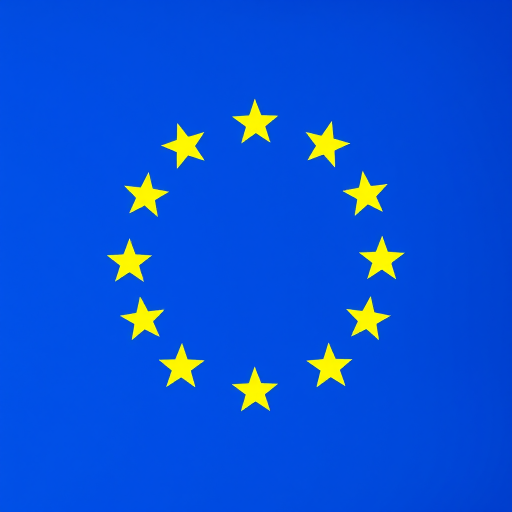 Generate an image of the European Union flag featuring a blue background with a circle of 12 yellow stars in the center, shot with a Canon EOS R5 at f/8, ISO 100, 1/200 sec, using a wide-angle lens for a clear, vibrant look.