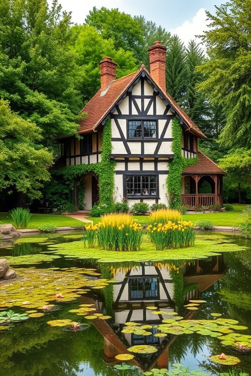 Capture a picturesque half-timbered house surrounded by lush greenery and flowers by a serene pond, using a DSLR camera with a 35mm lens, f/8 aperture, ISO 100, and a wide-angle view to enhance depth and detail.