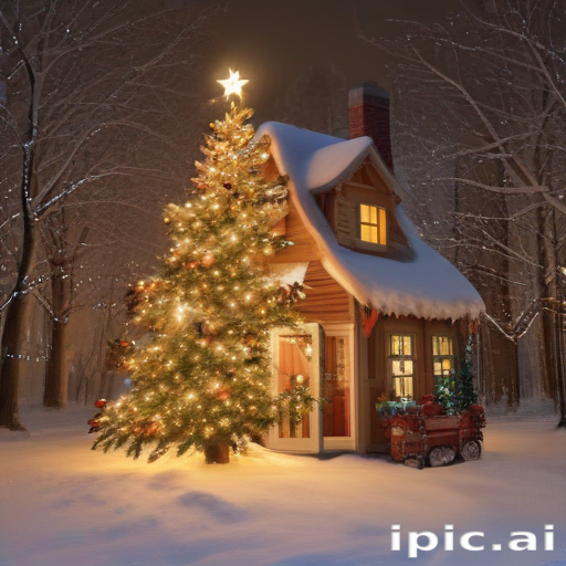 Cozy Winter Scene Featuring a Charming Cabin and Festive Christmas Tree