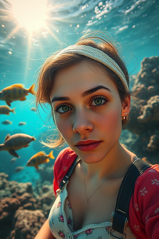 Realistic selfie image of a Chaldean, wearing a vintage outfit, detailed dreamy eyes, droopy hooded eyes, staring at the camera, taken underwater at coral reef with a sunbeam filtering through the water, vibrant, summer vacation, natural lighting, turtle and school of tropical fish with vibrant colors, rendered in the style of CryEngine, Pegi Nicol MacLeod, with realistic genre scenes, hauntingly beautiful narratives, ultra-realism, and Thomas Saliot's close-up technique, 8K resolution, crystal clear and sparkling water.