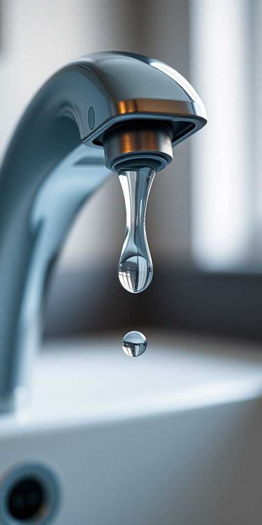 create a high-resolution image of a modern faucet with a water droplet falling from it, shot with a DSLR camera using a 50mm lens at f/2.8, ISO 100, with soft natural lighting and a slight overhead angle for depth.
