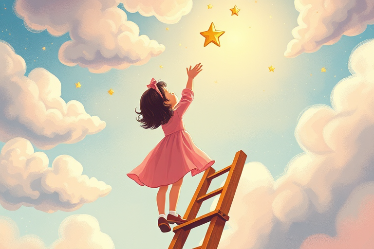 Generate an illustration of a young girl in a pink dress standing on a wooden ladder reaching for hanging clouds and stars, bright colors with a whimsical style, 35mm lens, f/8 aperture, capturing a playful and dreamy atmosphere, digital art.