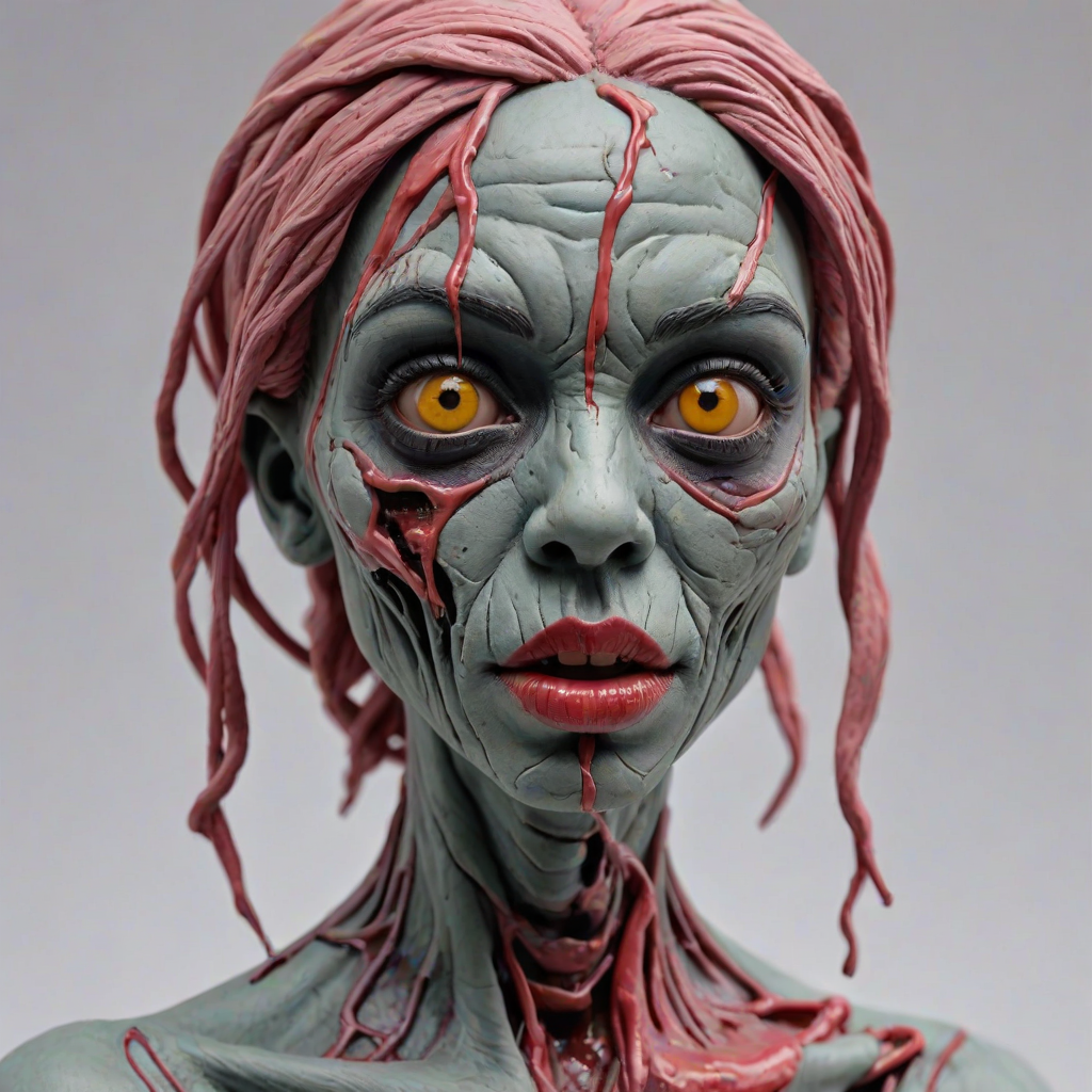(perspective) of A creepy (ethnicity) zombie cyborg with (descriptive color) skin, (color) lipstick (color) liquid flowing from her eyes and mouth, (perspective two) portrait, (camera angle), extremely detailed, (art style) in the style of Yoshitaka Amano and Tetsuo Hara. --ar 85:128 --style raw --niji 6