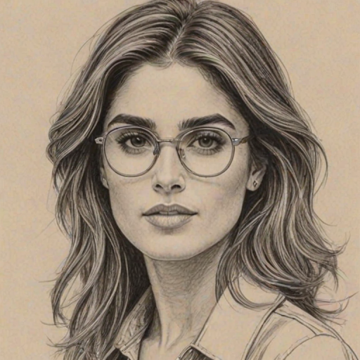 Alluring Nikki Reed, pencil sketch, portrait of Splendid woman 1980s in glasses, hair style beatnik, outline, clear lines, fine lines, 8k