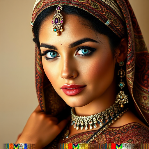 Create a portrait of a beautiful Hispanic woman with striking white eyes and a gentle expression. She is adorned in traditional attire with intricate patterns, including a richly embroidered headscarf and matching garments. Her jewelry includes a delicate headpiece, dangling earrings, and ornate bracelets, all featuring vibrant gemstones and detailed metalwork. The background is soft and warm, enhancing the rich colors of her outfit and jewelry.