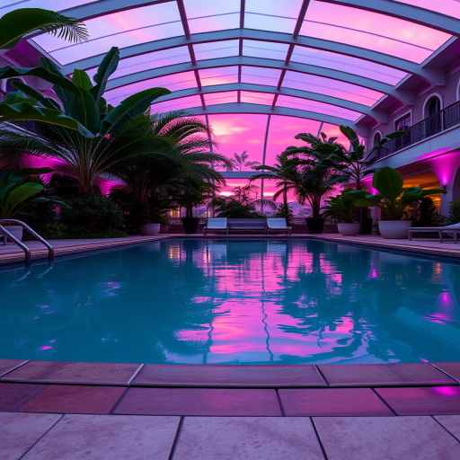 Regenerate a vibrant indoor pool scene at sunset with pink and purple lighting, lush tropical plants surrounding the pool, and reflections on the water's surface, shot with a DSLR camera using a 24mm f/1.8 lens, aperture set to f/2.8, ISO 200, and a shutter speed of 1/60s, in a wide-angle view to capture the spacious atmosphere.
