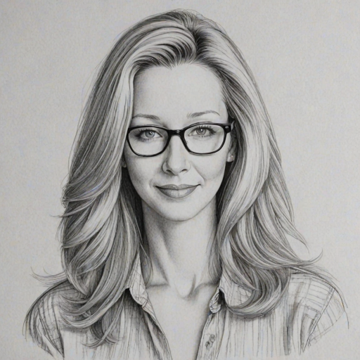 Comely Lisa Kudrow, pencil sketch, portrait of Splendid woman 1974s in glasses, hair style beatnik, outline, clear lines, fine lines, 8k