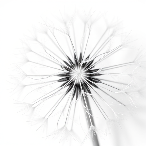 high contrast black and white photograph of dandelion seeds on a white background, macro lens, aperture f/8, ISO 100, DSLR camera, top-down view, natural lighting