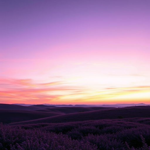 Create a serene landscape with rolling purple hills under a soft sunset sky, captured with a DSLR camera at f/8, ISO 100, 1/125 sec, using a wide-angle lens for an expansive view and a soft focus effect.