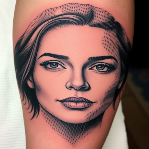 Stipple shading tattoo named "Pointillism Portrait" using countless tiny dots to create gradients and textures, forming a detailed portrait with a unique textural quality