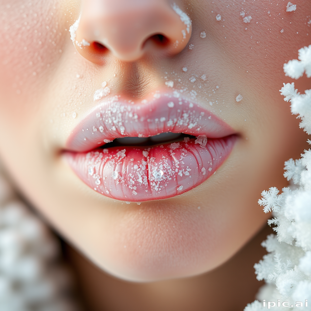 Frosted white lips with a pearlescent finish, reminiscent of freshly fallen snow, creating a winter wonderland-inspired look for a holiday-themed photoshoot