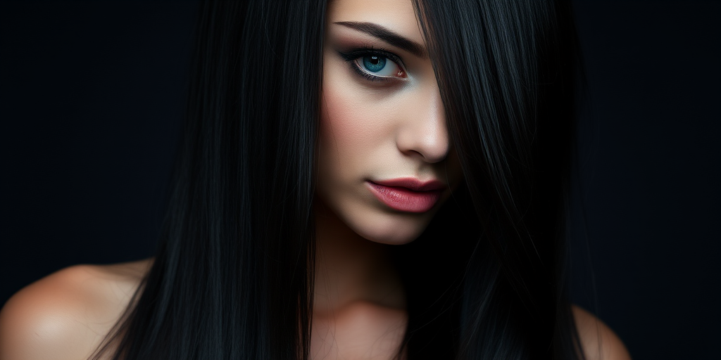Mysterious beauty with long, jet-black hair styled in sleek, pin-straight locks with a deep side part and subtle blue undertones
