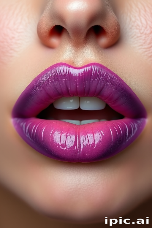 Ombre lips transitioning from deep plum to soft lavender, blended seamlessly for a gradient effect, enhancing the fullness and creating a mesmerizing visual impact