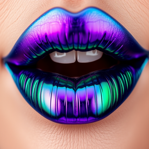 Duochrome lips shifting between emerald green and royal purple, mesmerizing and unique, showcasing an innovative approach to lip color