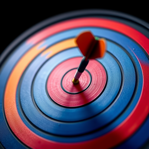 Create a high-resolution digital illustration of a dart piercing the center of a colorful bullseye target, using a macro lens with an aperture of f/2.8, ISO 100, and a 50mm focal length to enhance detail and contrast in vibrant colors against a dark background.