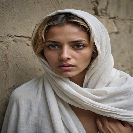 Create a close-up photographic image of a Romani woman with light skin tones shown against an old, worn wall. Their head is wrapped in a white cloth covering (i.e.... parts of the head except the nose and mouth, which are open as if they are screaming...), with a slight texture and visible folds in the fabric. Thin strands of blonde hair escape from the wrapping above, falling lightly at the top and sides. Their hands hold the fabric as if they are tugging nervously. The lighting is dramatic and even, casting strong shadows. The image has a minimalist and surreal style with an emphasis on simplicity with soft color tones. The composition is centered.