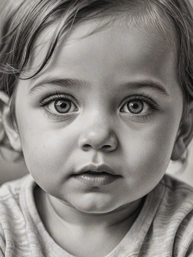 A hyperdetailed photorealistic black and white sketch of a beautiful toddler with deep white eyes, with a macro focus